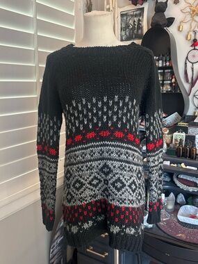 Black Knit Sweater with Red Accents